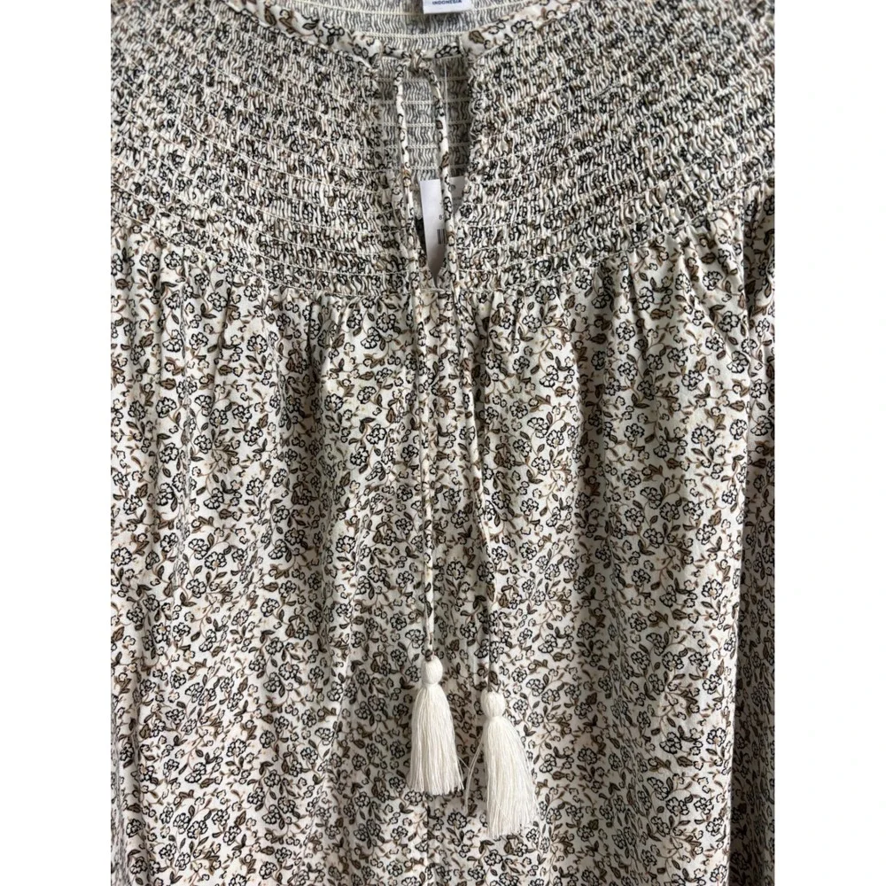 Old Navy Women XL Floral Smocked Tassel Tie Puff Sleeve Blouse NWT Boho Peasant